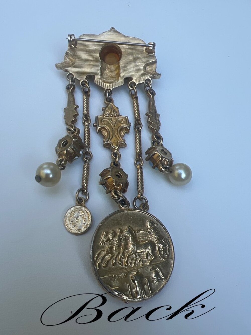 Vintage Gold Tone Brooch With Faux Pearls Rhinestones & Coin Motif Victorian Sty - Picture 7 of 9